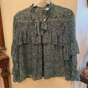 LUCKY BRAND Women Green Paisley Print Boho Loose Fit Ruffle Top Size Small